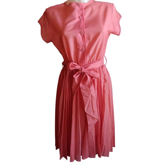 sz 6 1OF1 Vintage 70's Coral Pleated Dress With Waist Tie & Button-Front - Picture 1 of 7